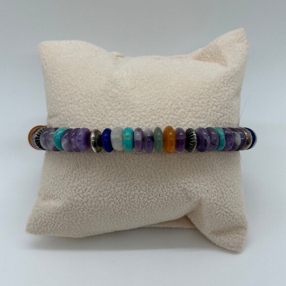 Vintage Carolyn Pollack Sterling Silver Multi Gemstone Memory Wire Bracelet 90s - Picture 3 of 13